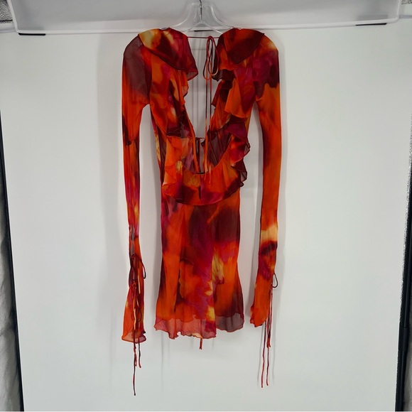 Rat & Boa Dali Red Watercolor Ruffle Tie Front Sheer Low Back Mini Dress XS - Picture 11 of 15